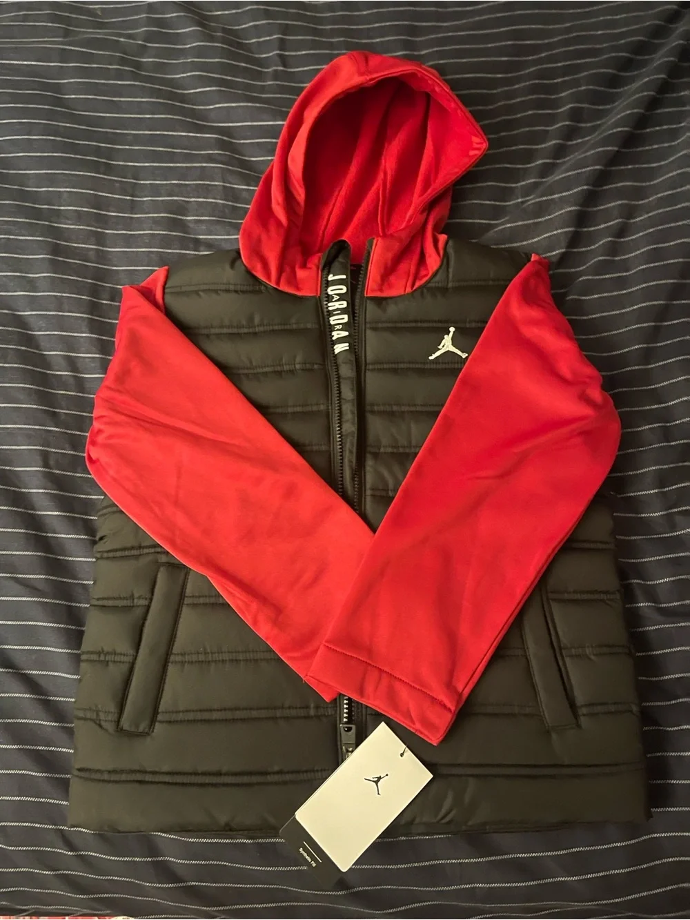 Jordan Black Quilted Puffer Jacket with Red Hood & Red Sleeves